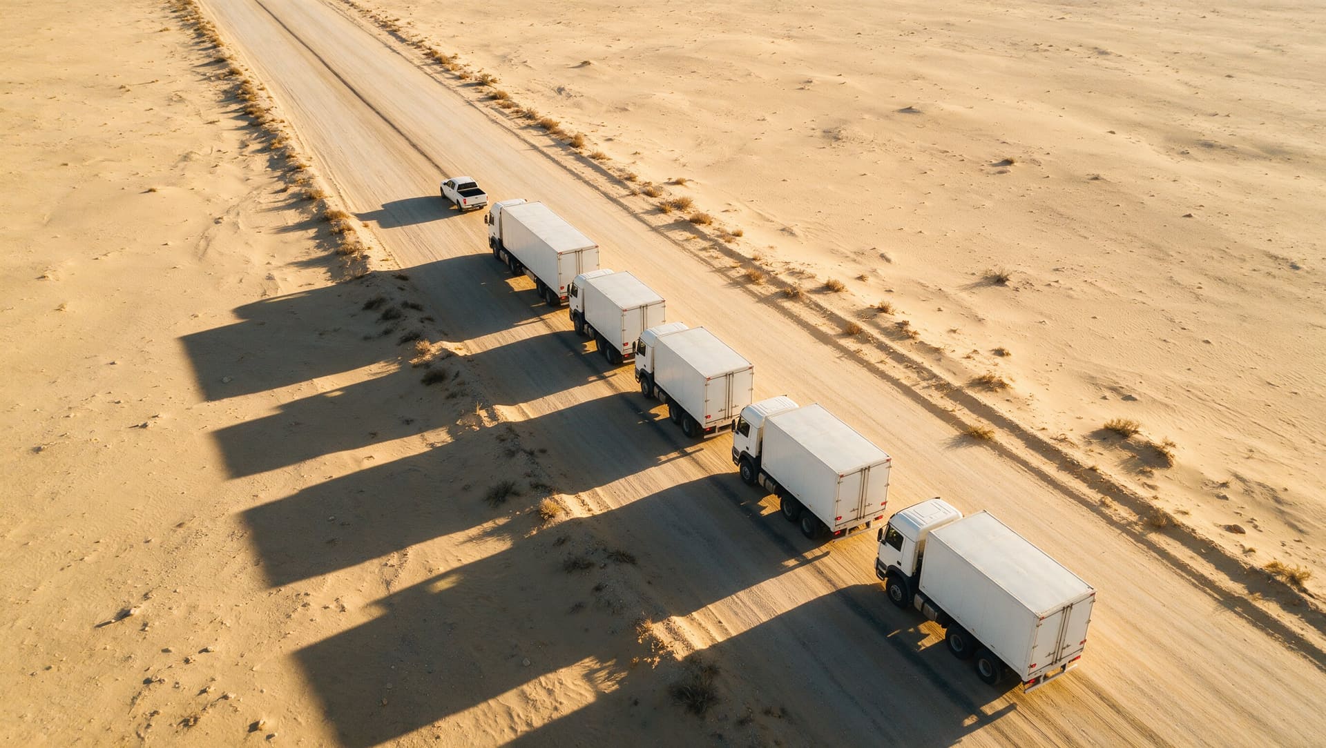 Aerial view of a convoy of white box trucks casting long shadows on a desert road