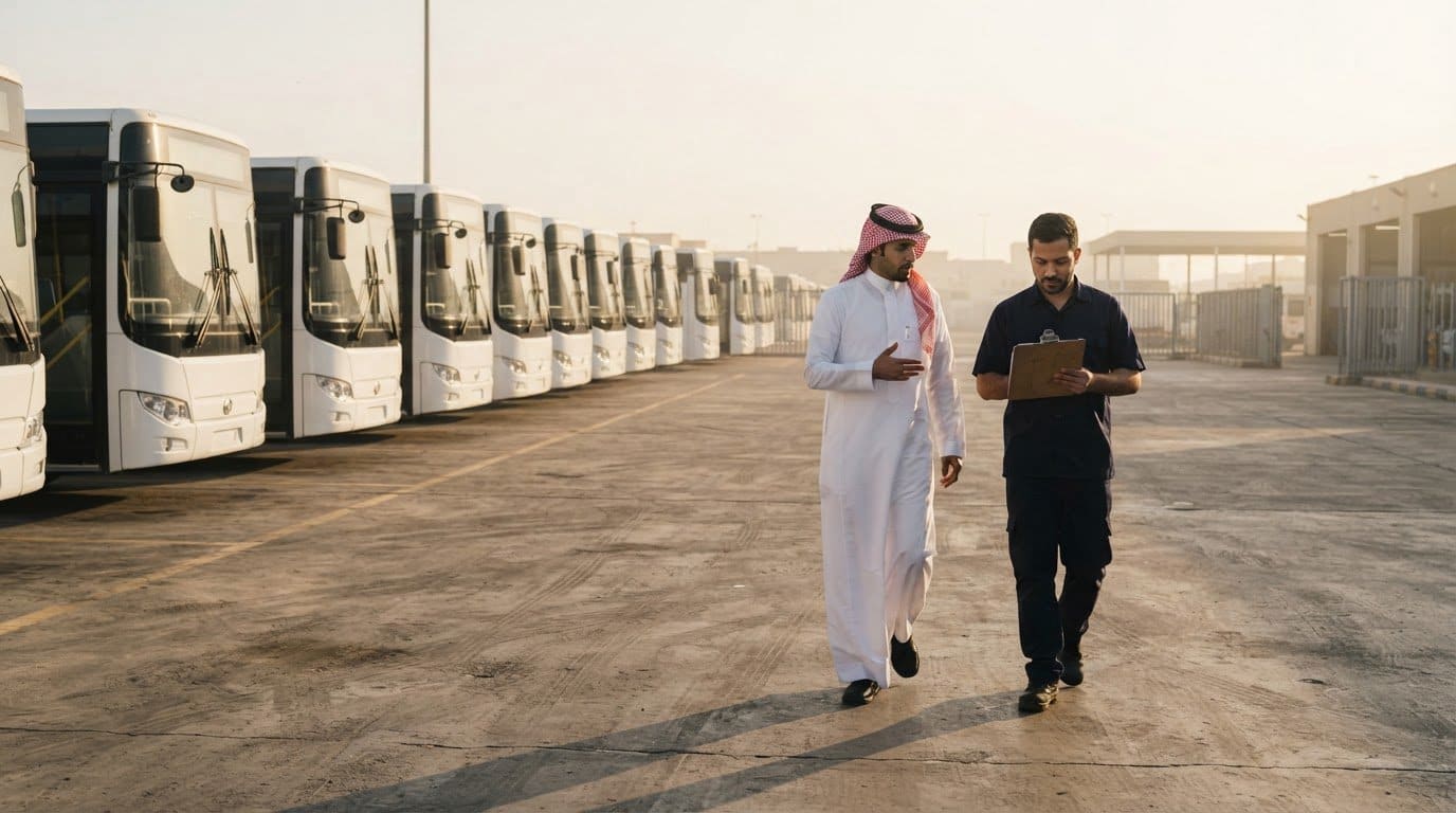 مدير أسطول ومتخصص يحمل لوحاً يسيران أمام صف من الحافلات المتوقفة صباحاً