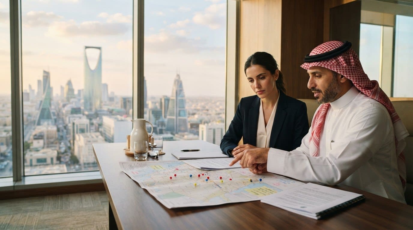 Two people reviewing printed documents and a paper map of Saudi Arabia at a boardroom table in Riyadh