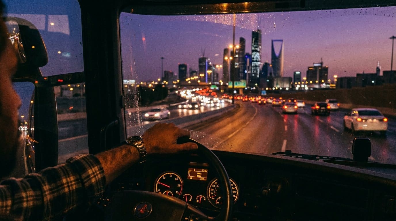 View from a truck cab of the Riyadh skyline and evening traffic