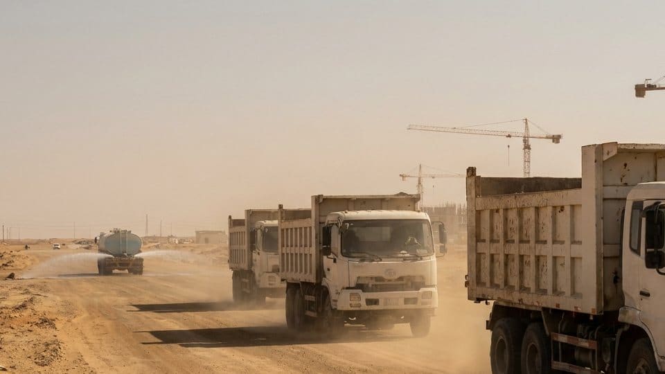 شاحنات قلاب تعبر موقع إنشاءات وتظهر الرافعات في الأفق