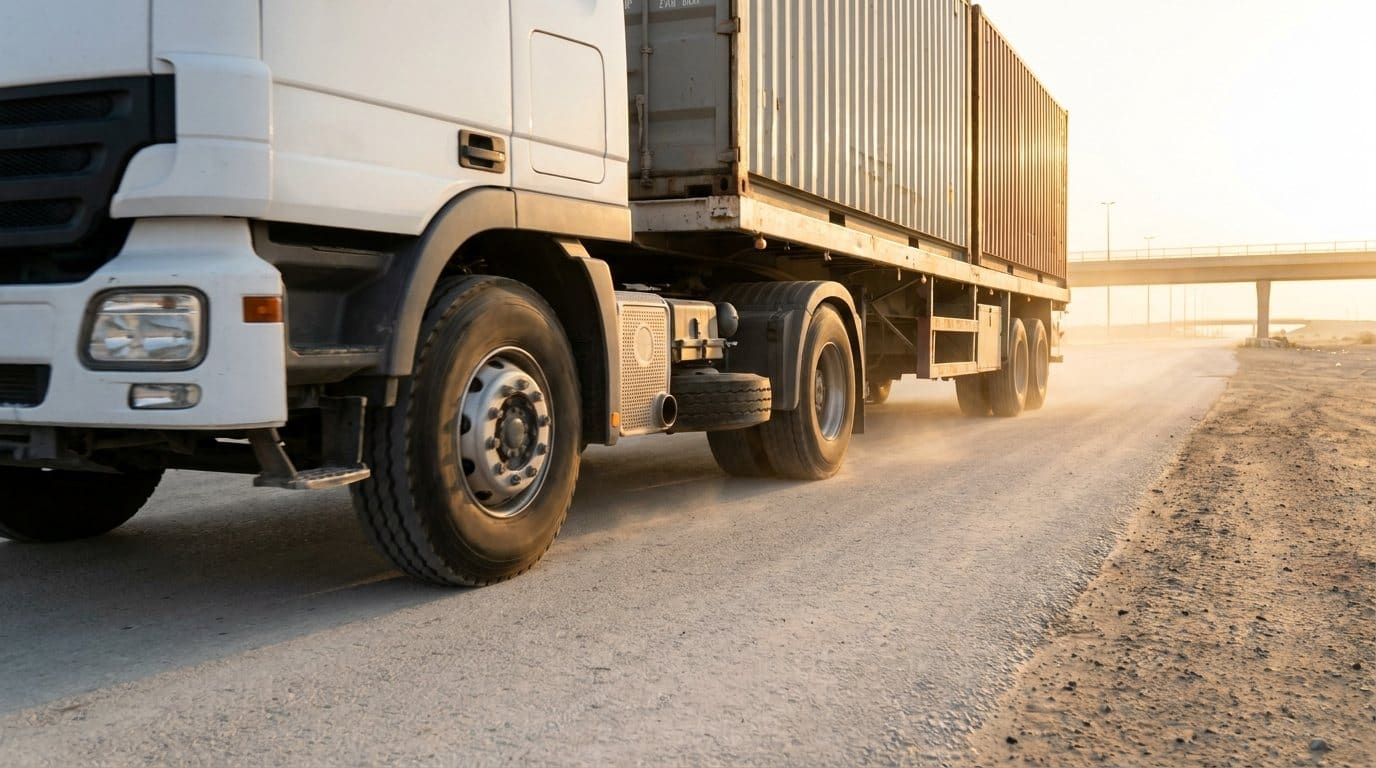 A container truck kicking up dust on a highway at dusk