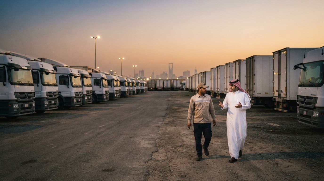 مالك أسطول وسائق يسيران بين صفوف الشاحنات المتوقفة في ساحة لوجستية عند الغسق، وخلفهما أفق الرياض