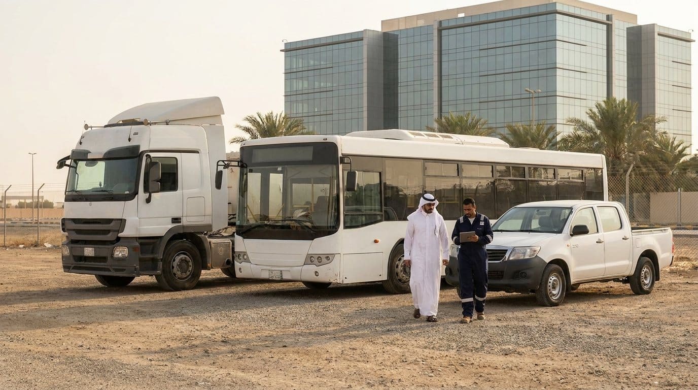 شاحنة وحافلة وسيارة بيك أب متوقفة معاً بينما يمر مشرف وفني