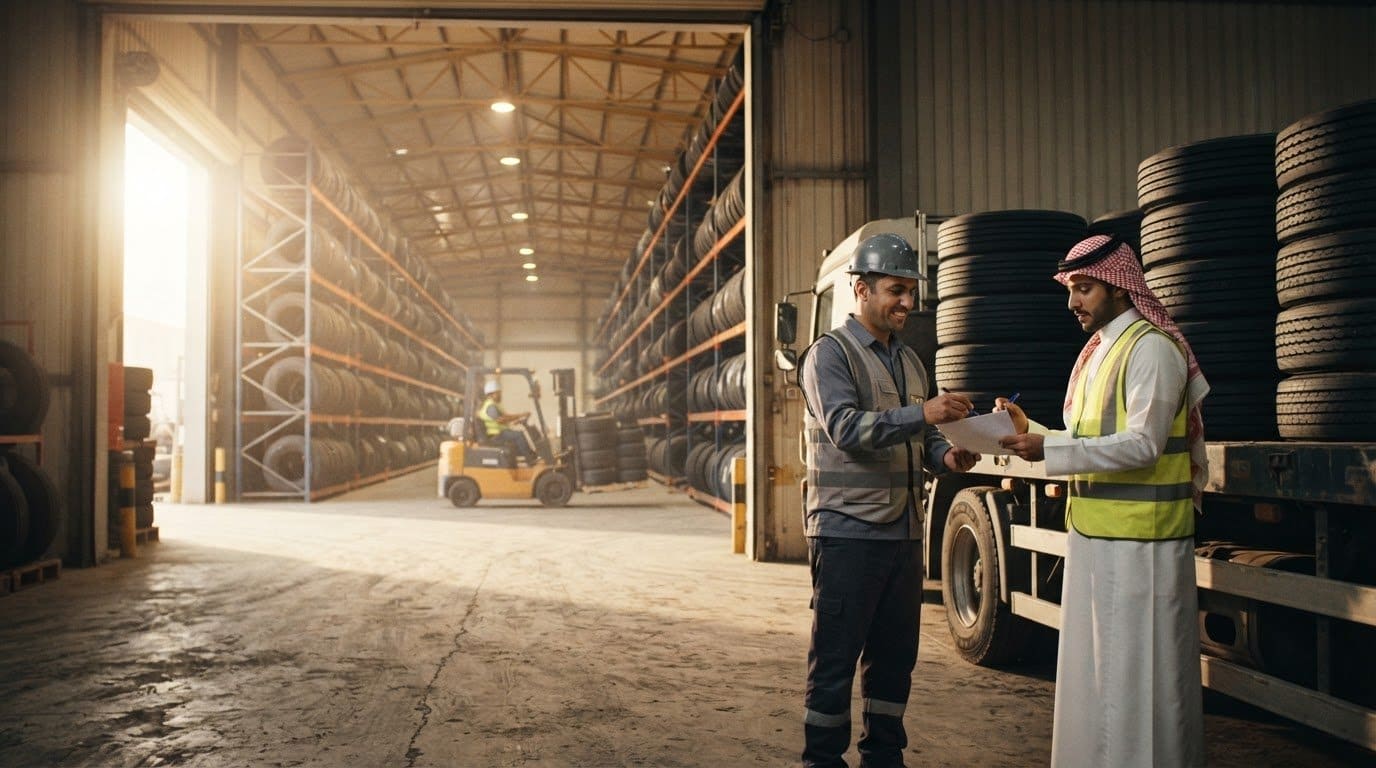 A warehouse supervisor handing a delivery note to a driver beside a truck loaded with tires inside a tire warehouse