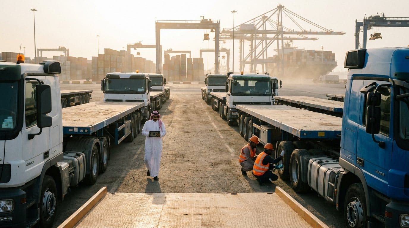 شاحنات مسطحة مصطفة في ساحة ميناء وقت الغروب بينما يتفقد مشرف الصف ويفحص فنيان أحد الإطارات