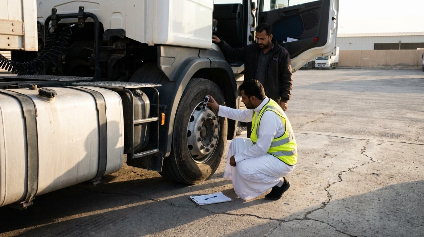 A supervisor checking tyre pressure on a truck steer axle in a yard