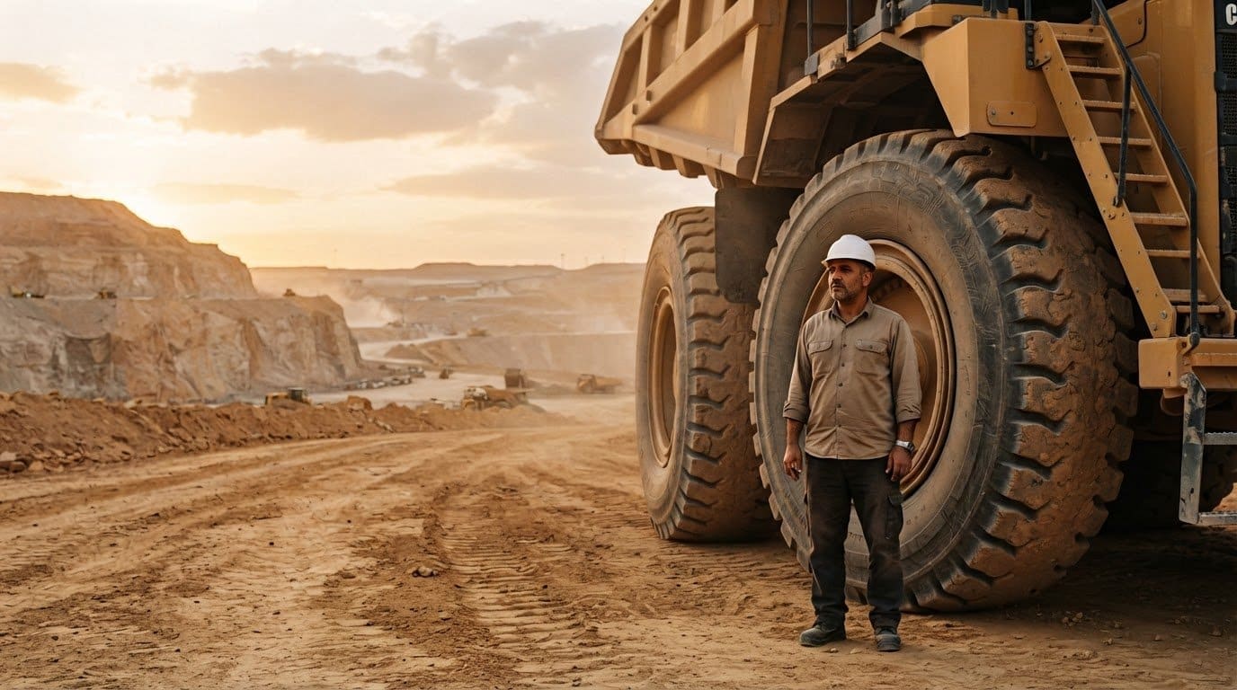 A mine supervisor standing beside the giant tire of a rigid haul truck on a desert haul road