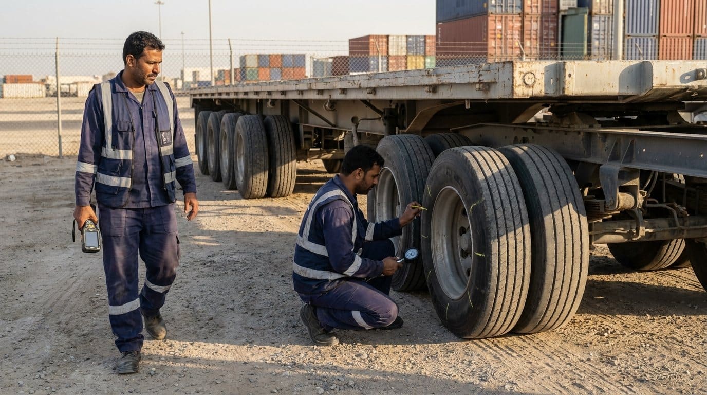 Two technicians inspecting trailer tyres at a container port