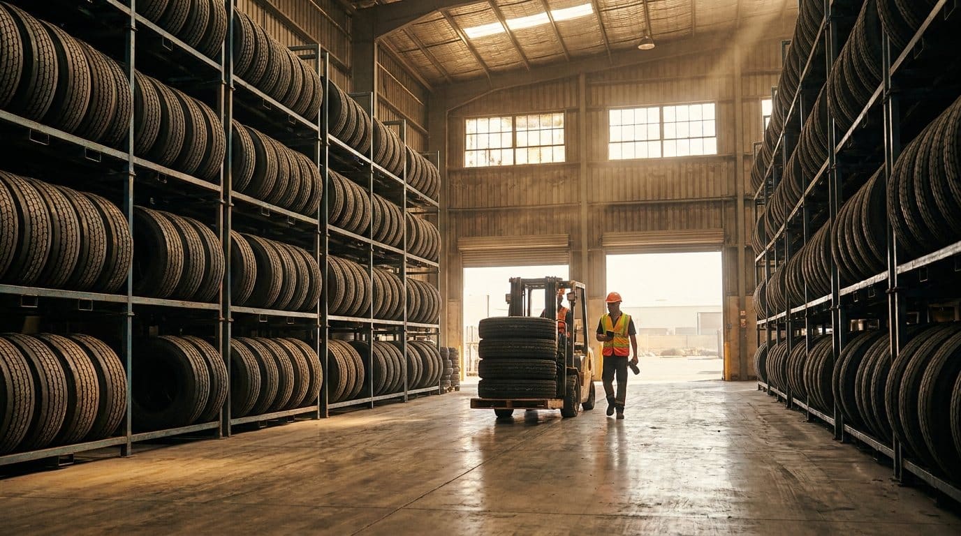 A forklift moving a stack of tyres inside a tyre warehouse