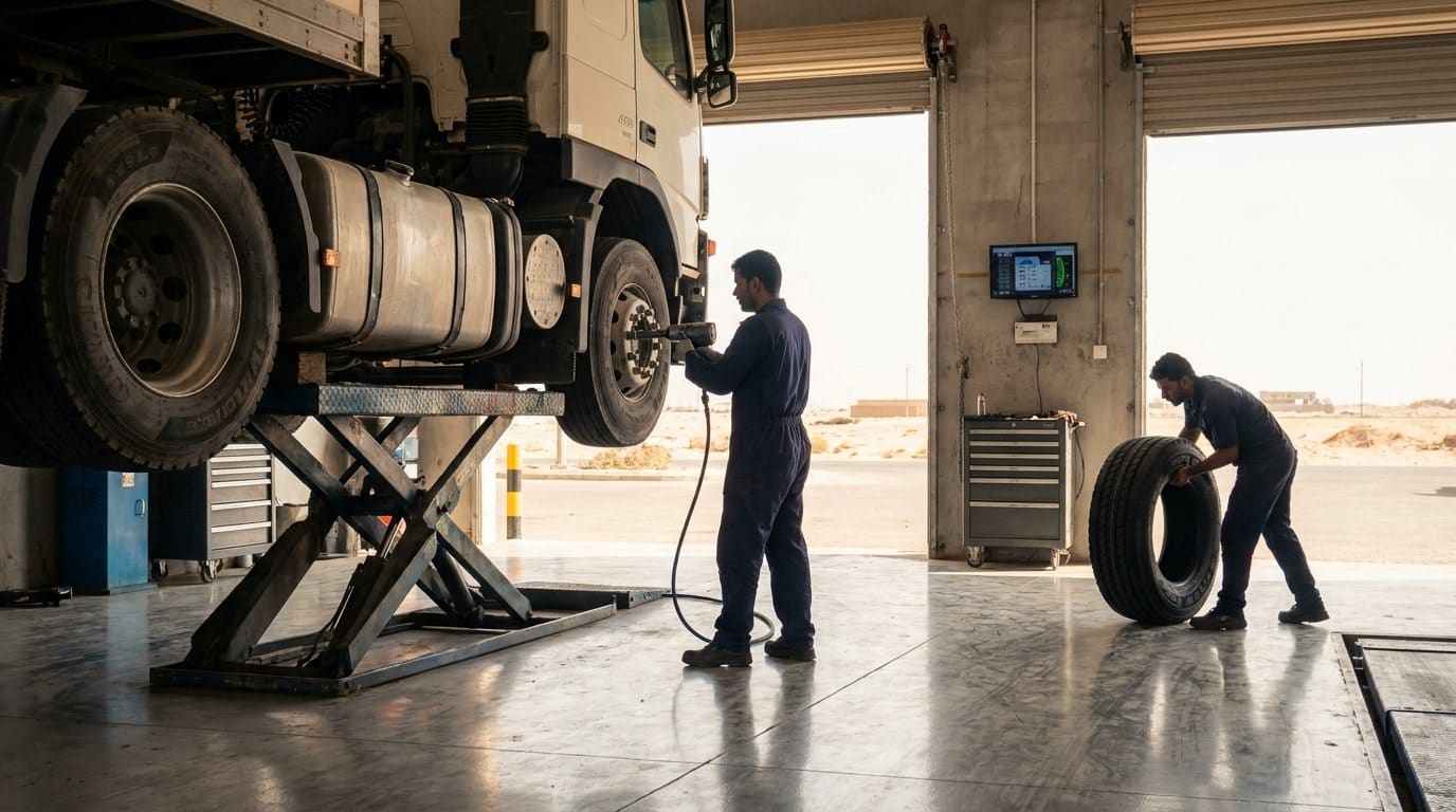 A truck on a lift in a workshop while a technician rolls a new tyre